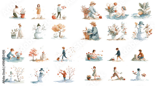 People lifestyle illustration set with characters relaxing reading walking and enjoying nature in soft watercolor style for social media blogs and wellness design