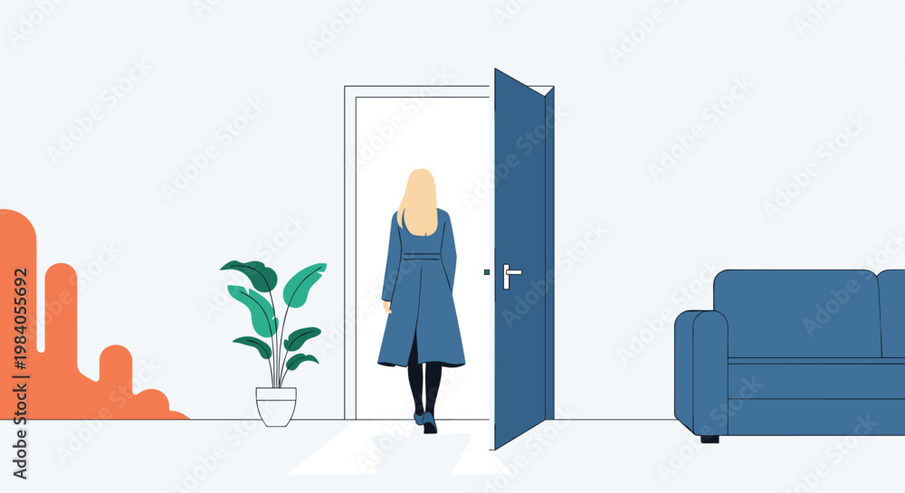 Fototapeta premium Woman walks away from dark room through open door into bright light symbolizing hope, new beginnings, or departure.