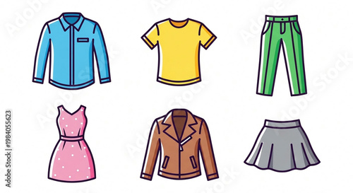 Colorful vector illustration of a stylish clothing collection including shirts jackets dresses and pants for men and women