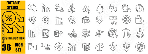 Cost Reduction icon set. Editable line icons. Vector illustration.