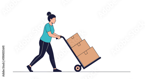 Active woman pushes hand truck loaded with cardboard boxes representing moving home, delivery, or logistics work.