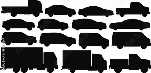 Vehicle silhouettes collection, cars and trucks set for transport and automotive design