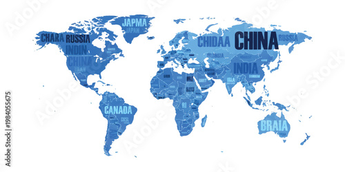 A stylized world map illustration featuring prominent country labels on a blue continent background