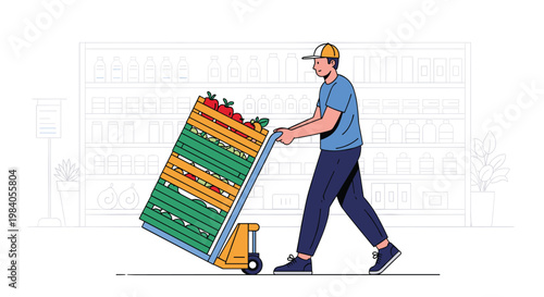 Grocery store worker pushes heavy cart filled with wooden crates of fresh red and green apples in supermarket aisle.