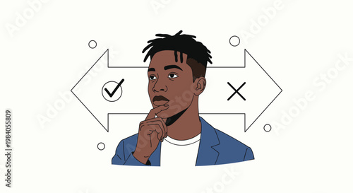 Man in thought stands between arrows pointing to checkmark and cross symbols representing decision making or choice.