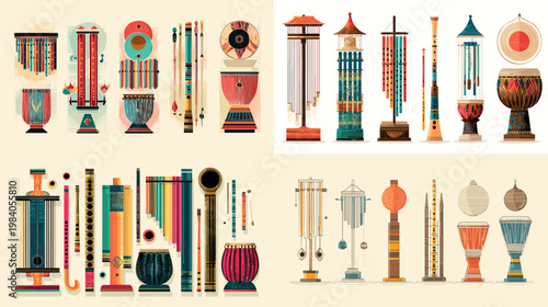 Colorful musical instrument collection with traditional and modern percussion string and wind instruments in flat style for music education culture and design