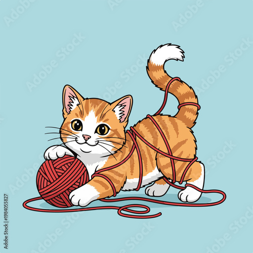 Orange cat playing with yarn ball.