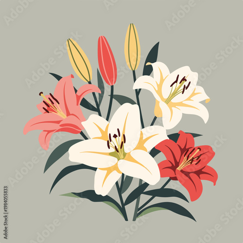 Lilies Flowers Blooming Colorful Bouquet.
