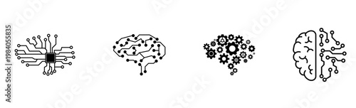 Brain Icon Set. Human Brain, AI Brain, Neural Network, Chip Brain, gear brain, Artificial Intelligence, Mind, Thinking, Machine Learning Line Icons Collection
