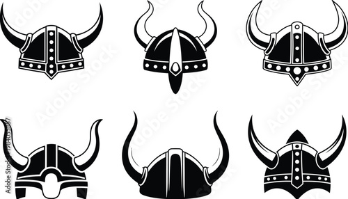 Viking horned helm set silhouette, stylized Norse helmet collection in clean black vector form, featuring traditional warrior headgear with dramatic horn shapes, medieval Scandinavian inspiration, 