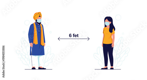 Man and woman wearing protective face masks stand six feet apart to maintain social distancing for public health safety.