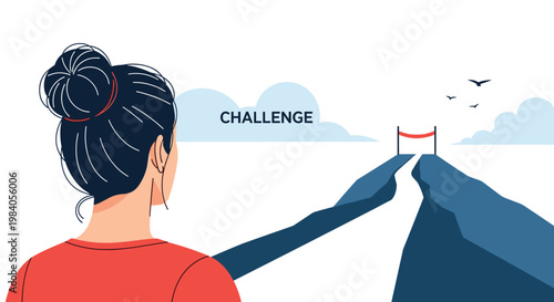 Determined woman looking towards a challenging mountain path leading to a finish line symbolizing goal achievement and perseverance.