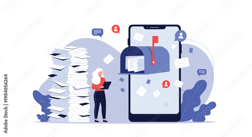 Fototapeta premium Businesswoman standing beside a giant smartphone with an overflowing mailbox and a tall stack of paper documents to manage.