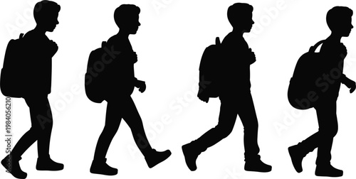 Walking students silhouettes with backpacks, school children movement for education lifestyle illustration