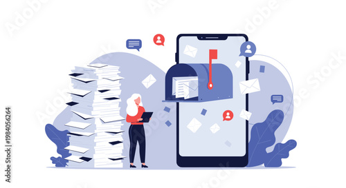 Businesswoman standing beside a giant smartphone with an overflowing mailbox and a tall stack of paper documents to manage.