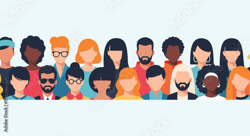 Diverse crowd of people showing different ethnicities, hairstyles, and styles in a wide panoramic flat design illustration.