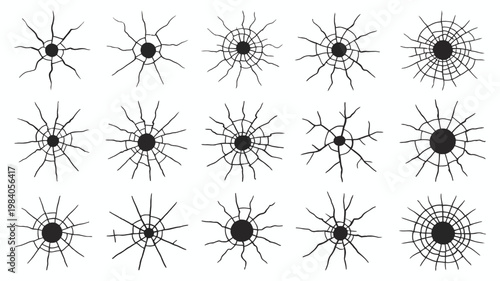 Grunge Bullet Holes Vector Set, Cracked Concrete, Metal and Glass Damage Effects with Gunshot Marks, Military Style Destruction Elements, Realistic Shooting Impact Textures for Design Use