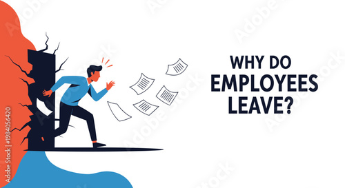 Overwhelmed employee running away from an office doorway with papers flying around to illustrate job resignation and burnout.