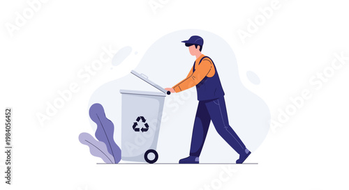 Environmentally conscious person in uniform disposing of waste into a grey recycling bin to promote sustainability and waste management.