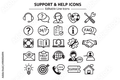 Customer support and help desk icons set. Technical support, FAQ, assistance, service symbols vector illustration collection