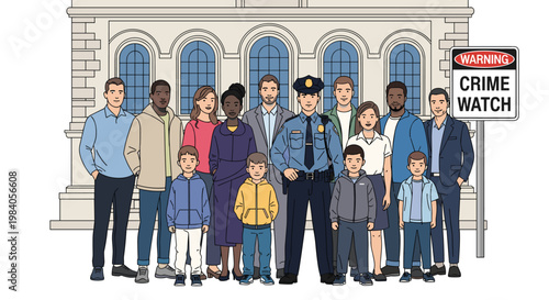 Community group of diverse citizens and children standing together with a police officer in front of a public building for crime watch.