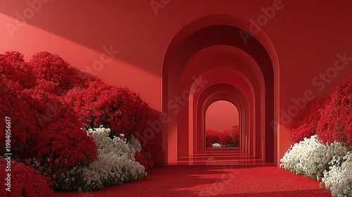 Artistic installation with vibrant red flowers integrated into minimalist architecture creating striking visual contrast
