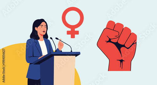 Empowered woman speaking at a podium during a protest or speech featuring a female symbol and a raised fist icon for feminism.