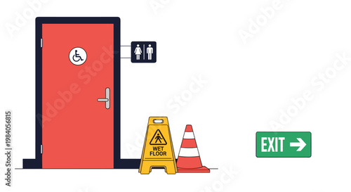 Bright red door with accessibility signs stands next to a yellow wet floor sign and a green emergency exit sign in a public building.