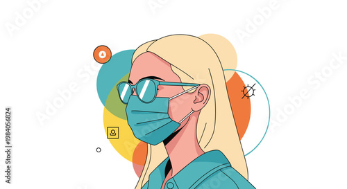 Profile view of a young blonde woman wearing teal glasses and a blue protective face mask against a colorful abstract geometric background.