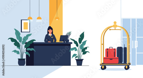 Professional hotel receptionist stands behind a dark desk in a modern lobby next to a golden luggage cart carrying several suitcases.