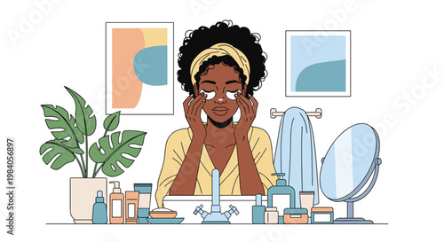 African American woman in a yellow robe performs her morning skincare routine with white eye patches and various beauty products.