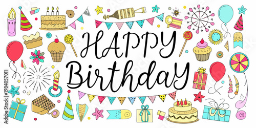 Colorful watercolor illustration of birthday elements and celebratory decorations