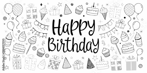 A whimsical black and white illustration celebrating a happy birthday occasion