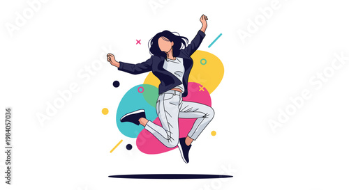 Happy young woman with dark hair jumps high in the air against a white background decorated with colorful abstract shapes and lines.