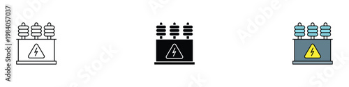 High voltage electrical power transformer icon set for energy grid and utility infrastructure. Industrial substation and electricity distribution symbols. Vector Illustration.