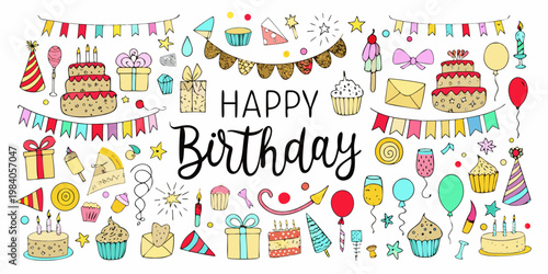 Colorful birthday celebration doodles and decorations arranged on a white background