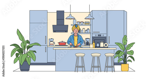 Young man in a yellow turban prepares a healthy meal in a clean modern kitchen with light blue cabinets and several indoor plants.