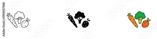 Fresh vegetable icon set featuring carrot, broccoli, and potato for healthy organic food concepts. Minimalist collection of garden harvest and vegan nutrition symbols. Vector Illustration.