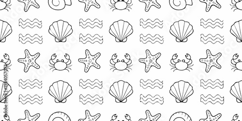 Black and white seamless pattern of marine life and ocean elements