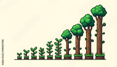 Stages of Tree Growth Pixel Art Evolution from Seedling to Mature Forest Tree