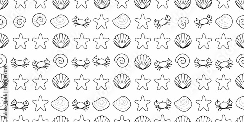 Seamless pattern of black and white seashells crabs and starfish