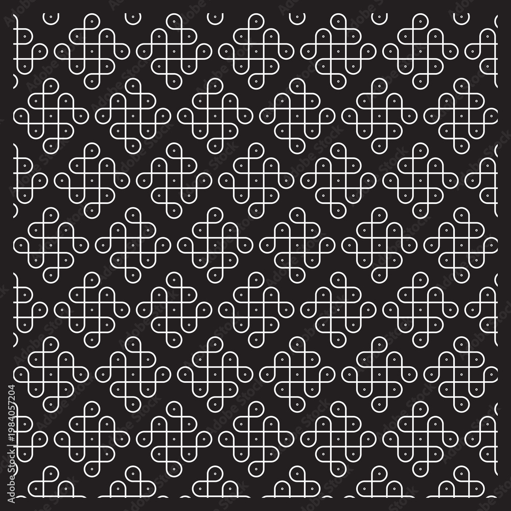 Seamless repeating background of white geometric Kolam line art with interconnected loops and dots arranged in a grid pattern against a solid black backdrop for graphic design.