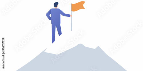 A man triumphantly plants a flag atop a mountainous peak