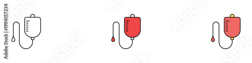 Medical IV bag icon set for blood transfusion and saline drip therapy. Intravenous infusion and hospital healthcare symbols. Vector Illustration.