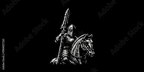 A medieval knight on horseback depicted in a stark black and white style