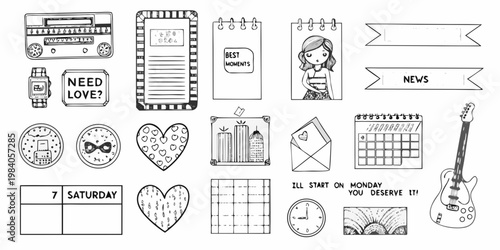 Collection of hand drawn black and white stationery and decorative elements