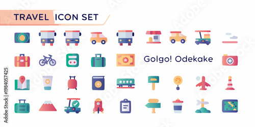 Colorful travel icon set displaying various modes of transportation and items