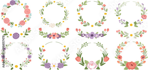 Elegant set of hand drawn floral wreaths and botanical frames with colorful roses, tulips, and spring wild flowers for wedding invitations and greeting card designs.