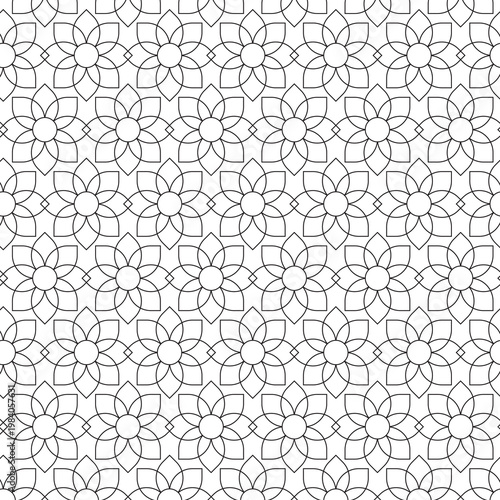 Obraz na plátne Seamless geometric floral pattern featuring black line art lotus blossoms on a white background