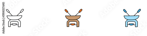 Traditional cheese or chocolate fondue pot icon set with dipping forks. Minimalist collection of gourmet dining and social meal cooking symbols. Vector Illustration.